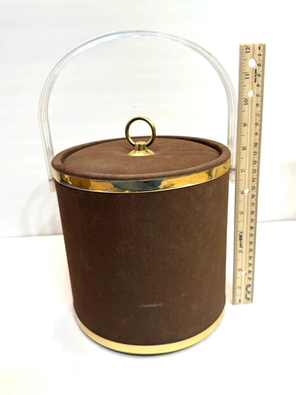 Ice bucket Vintage Retro Insulated Gold brown Suede plastic lining lucite handle